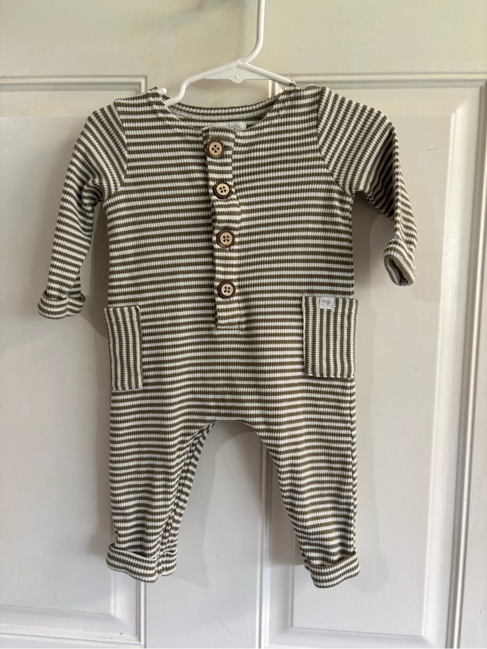 3/6M Mud Pie green/cream stripe long sleeve long one piece romper.  In EUC!  48%